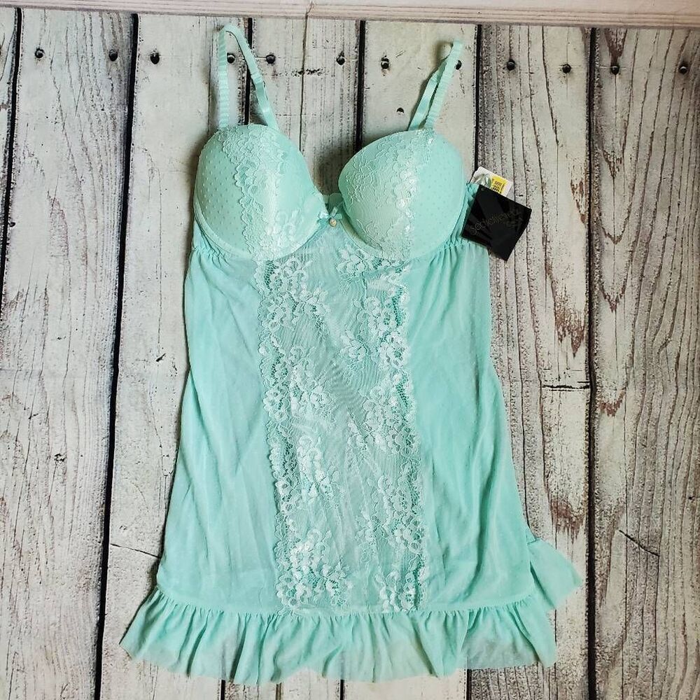 Cinema Etoile Seductivewear SMALL 2pc Celadon  Chiffon & Lace Babydoll V-String
